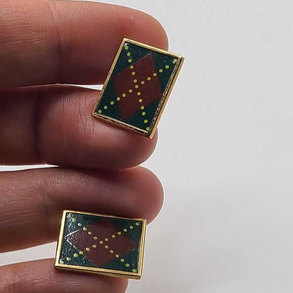 Swank Vintage Green Red Argyle Patterned Cufflinks Mens Signed Gold Tone Holiday - Picture 2 of 5